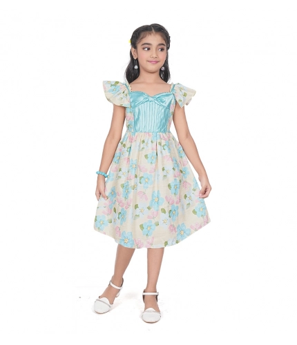 Girl's Popcorn Printed Short Sleeve Squre Neck Dress (Sky Blue)