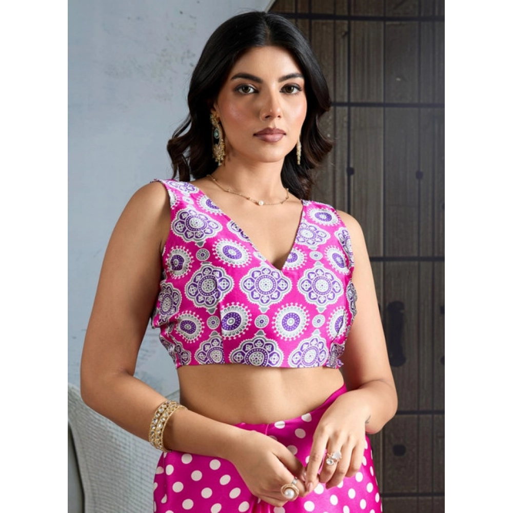 Women's Satin Crepe Printed Saree With Unstitched Blouse 5.5Mtr (Pink)