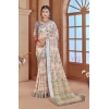 Dropship Women's Printed Cotton Linen Saree withPrinted  Saree With Unstitched Blouse (Beige, 5-6Mtrs)