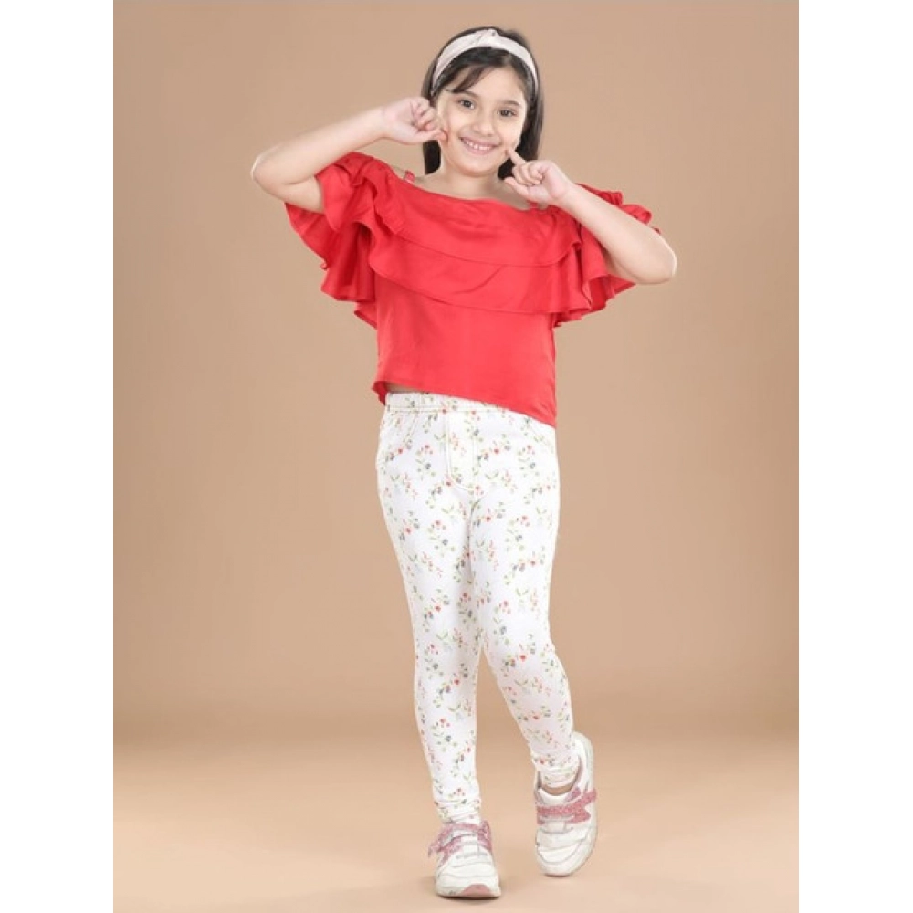 Girl's Cotton Lycra Floral Elasticated Jeggings (White-Green) Girl's Cotton Lycra Floral Elasticated Jeggings (White-Green)