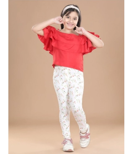 Girl's Cotton Lycra Floral Elasticated Jeggings (White-Green)