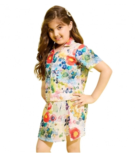 Girl's Polyester Cotton Blend Pattern-Floral Short Sleeves Skorts Set (Multicolor)