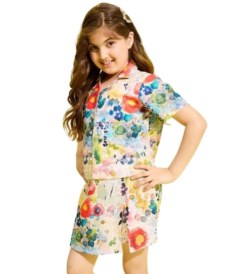 Girl's Polyester Cotton Blend Pattern-Floral Short Sleeves Skorts Set (Multicolor)