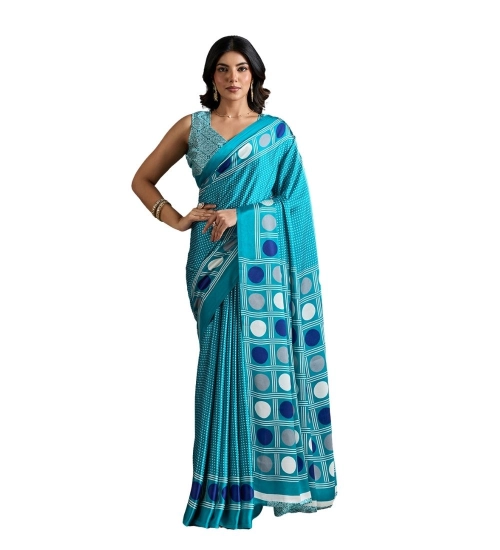 Women's Satin Crepe Printed Saree With Unstitched Blouse 5.5Mtr (Sky Blue)