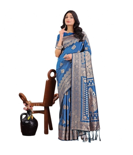 Women's Silk Printed Saree With Unstitched Blouse 5.5Mtr (Sky Blue)