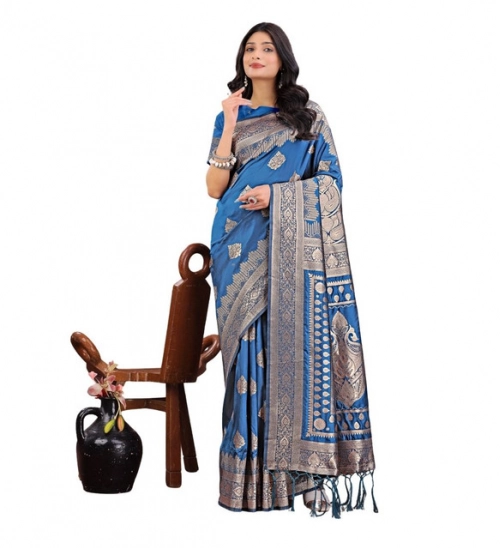 Women's Silk Printed Saree With Unstitched Blouse 5.5Mtr (Sky Blue)