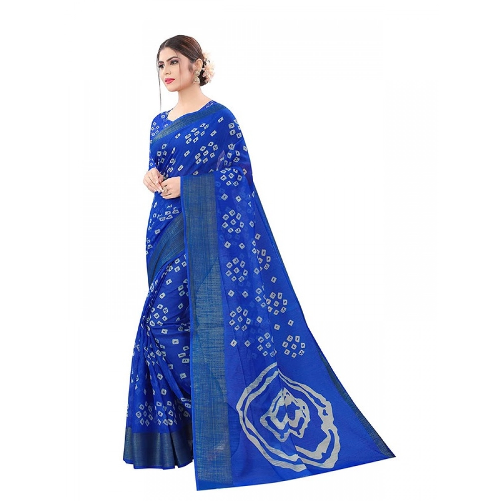 Women's Cotton Silk Bandhni Saree With Unstitched Blouse 5.5Mtr (Royal Blue)