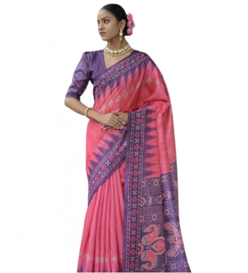 Women's Faux_Tussar Ikat Saree With Unstitched Blouse 5.5Mtr (Peach)