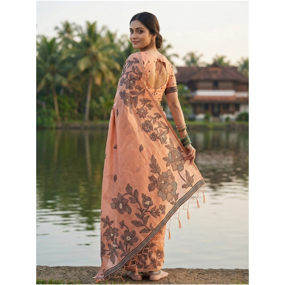 Women's Linen Cotton Printed Saree With Unstitched Blouse 5.5Mtr (Orange) Women's Linen Cotton Printed Saree With Unstitched Blouse 5.5Mtr (Orange)