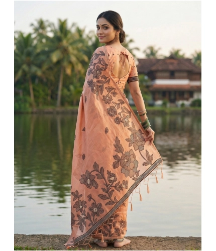 Women's Linen Cotton Printed Saree With Unstitched Blouse 5.5Mtr (Orange)