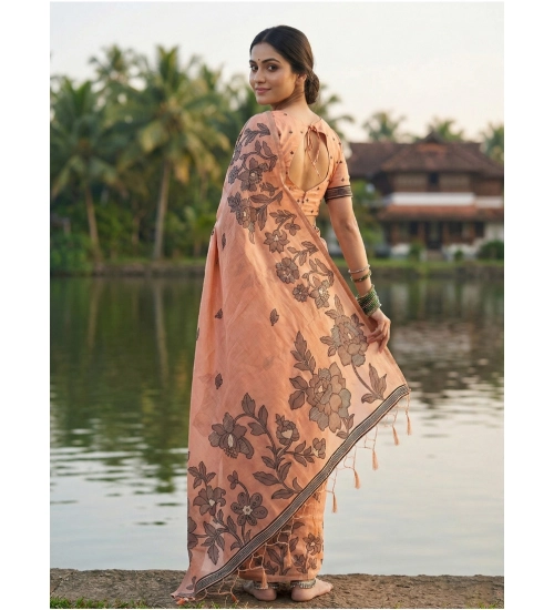 Women's Linen Cotton Printed Saree With Unstitched Blouse 5.5Mtr (Orange) Women's Linen Cotton Printed Saree With Unstitched Blouse 5.5Mtr (Orange)