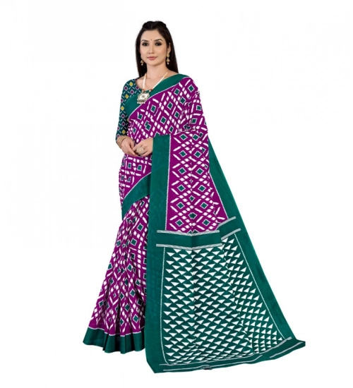 Women's Soft Pure Cotton Printed Saree With Unstitched Blouse 5.5Mtr (Purple)