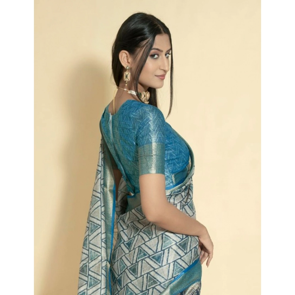 Women's Polyester Printed Saree With Unstitched Blouse 5.5 Mtr (Turquoise)