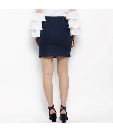 Women's Denim Front Button Buttoned Skirt (Blue)