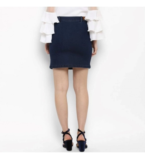 Women's Denim Front Button Buttoned Skirt (Blue) Women's Denim Front Button Buttoned Skirt (Blue)