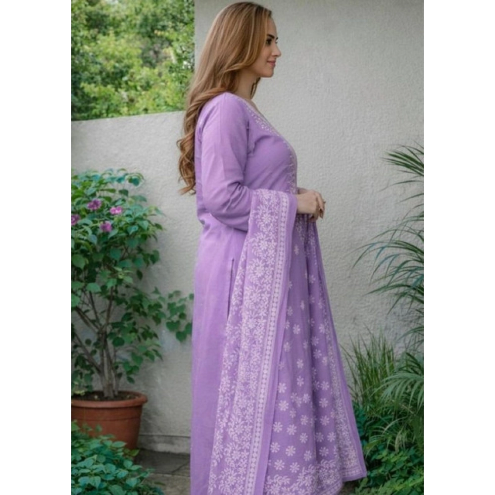 Women's Chanderi Silk Ethnic Motif Round 3/4th Sleeve Kurti With Pant Dupatta Set (Lavender) Women's Chanderi Silk Ethnic Motif Round 3/4th Sleeve Kurti With Pant Dupatta Set (Lavender)