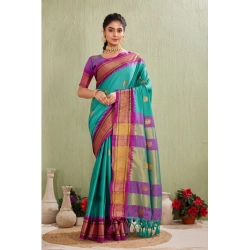 Women's Silk Blended Jaquard Woven Saree With Unstitched Blouse 5.5Mtr (Light Blue)