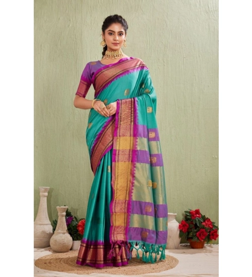 Women's Silk Blended Jaquard Woven Saree With Unstitched Blouse 5.5Mtr (Light Blue)
