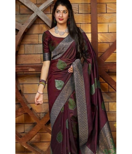 Women's Litchi silk Printed Saree With Unstitched Blouse (Maroon)