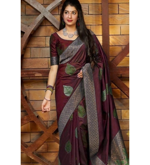 Women's Litchi silk Printed Saree With Unstitched Blouse (Maroon)