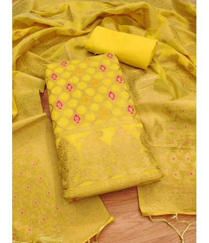 Women's Banarasi Silk Printed Unstitched Salwar Suit Material With Dupatta (Yellow, 3Mtrs)