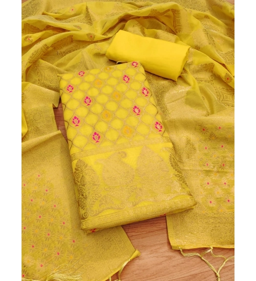 Women's Banarasi Silk Printed Unstitched Salwar Suit Material With Dupatta (Yellow, 3Mtrs)