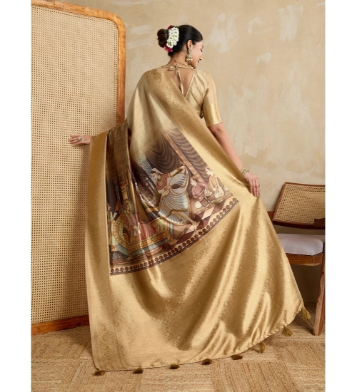 Women's Silk Printed Saree With Unstitched Blouse 5.5Mtr (Gold)