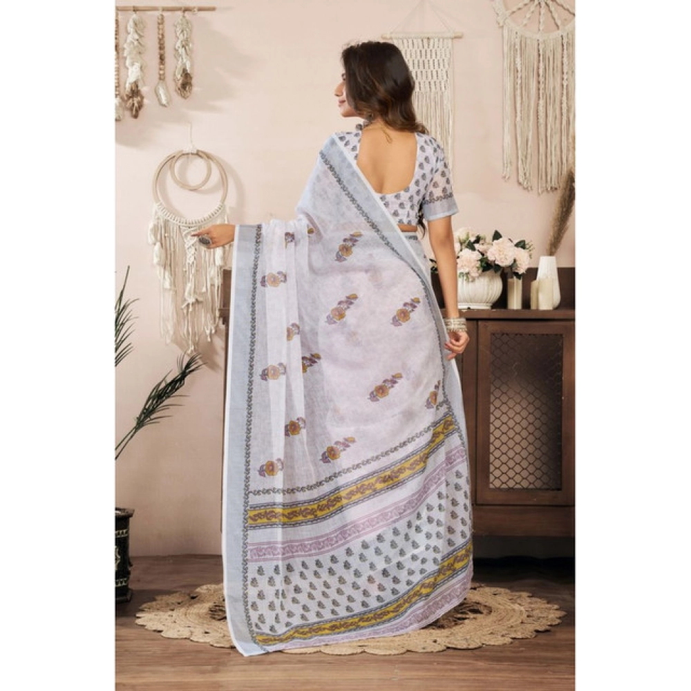 Women's Linen Cotton Printed Ready To Wear Saree With Unstitched Blouse 5.5 Mtr (Off_White)