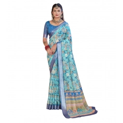 Women's Printed Cotton Linen Saree withPrinted  Saree With Unstitched Blouse (Light Blue, 5-6Mtrs)