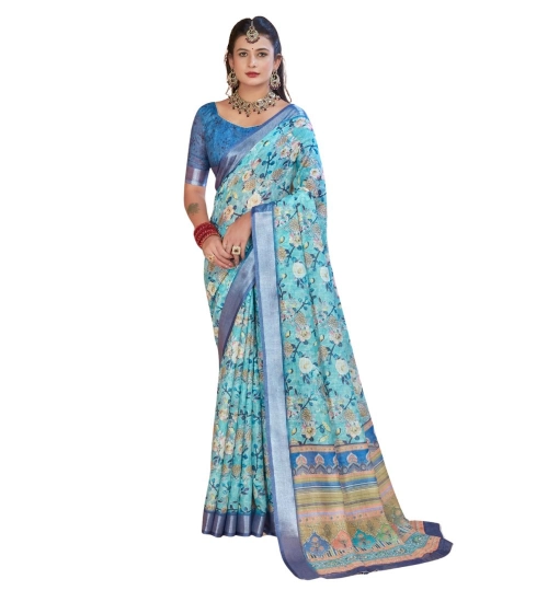 Women's Printed Cotton Linen Saree withPrinted  Saree With Unstitched Blouse (Light Blue, 5-6Mtrs)