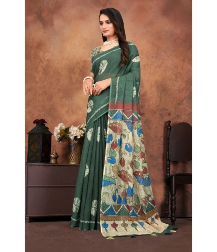 Women's Linen Printed Saree With Unstitched Blouse 5.5Mtr (Dark Green) Women's Linen Printed Saree With Unstitched Blouse 5.5Mtr (Dark Green)
