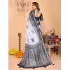 Women's Linen Cotton Printed Saree With Unstitched Blouse 5.5Mtr (White-Black)
