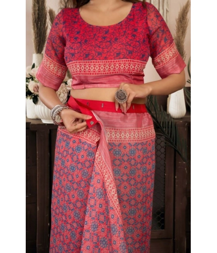 Women's Faux Linen Geometric Print Ready to wear Saree With Unstitched Blouse 5.5Mtr (Red)