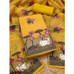 Women's Banarasi Silk Printed Unstitched Salwar Suit Material With Dupatta (Yellow, 3Mtrs)