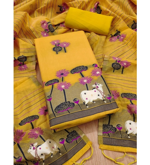Women's Banarasi Silk Printed Unstitched Salwar Suit Material With Dupatta (Yellow, 3Mtrs)