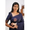 Dropship Women's Litchi silk Printed Saree With Unstitched Blouse (Dark Blue)