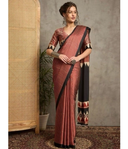 Women's Satin Printed Saree With Unstitched Blouse 5.5Mtr (Black)