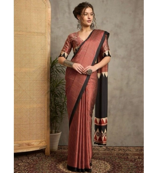 Women's Satin Printed Saree With Unstitched Blouse 5.5Mtr (Black)