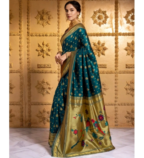 Women's Silk Blend Zari Weaving Saree With Unstitched Blouse 5.5Mtr (Teal)