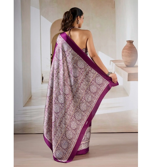 Women's Satin Crepe Printed Saree With Unstitched Blouse 5.5Mtr (Purple)