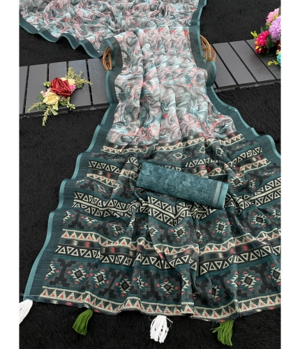 Women's Linen Cotton  Printed Saree With Unstitched Blouse 5.5Mtr (Blue)
