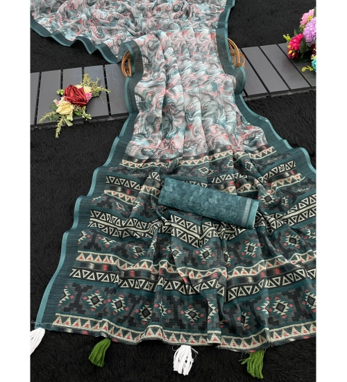 Women's Linen Cotton  Printed Saree With Unstitched Blouse 5.5Mtr (Blue)