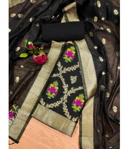 Women's Banarasi Silk Printed Unstitched Salwar Suit Material With Dupatta (Black, 3Mtrs)