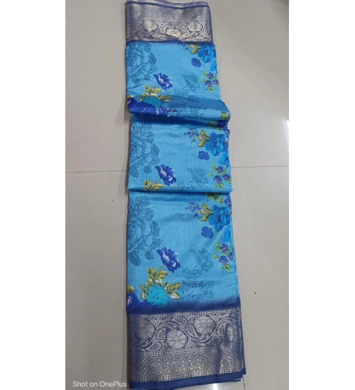 Women's Digital Dolla Silk Printed Saree With Unstitched Blouse 5.5Mtr (Sky Blue)