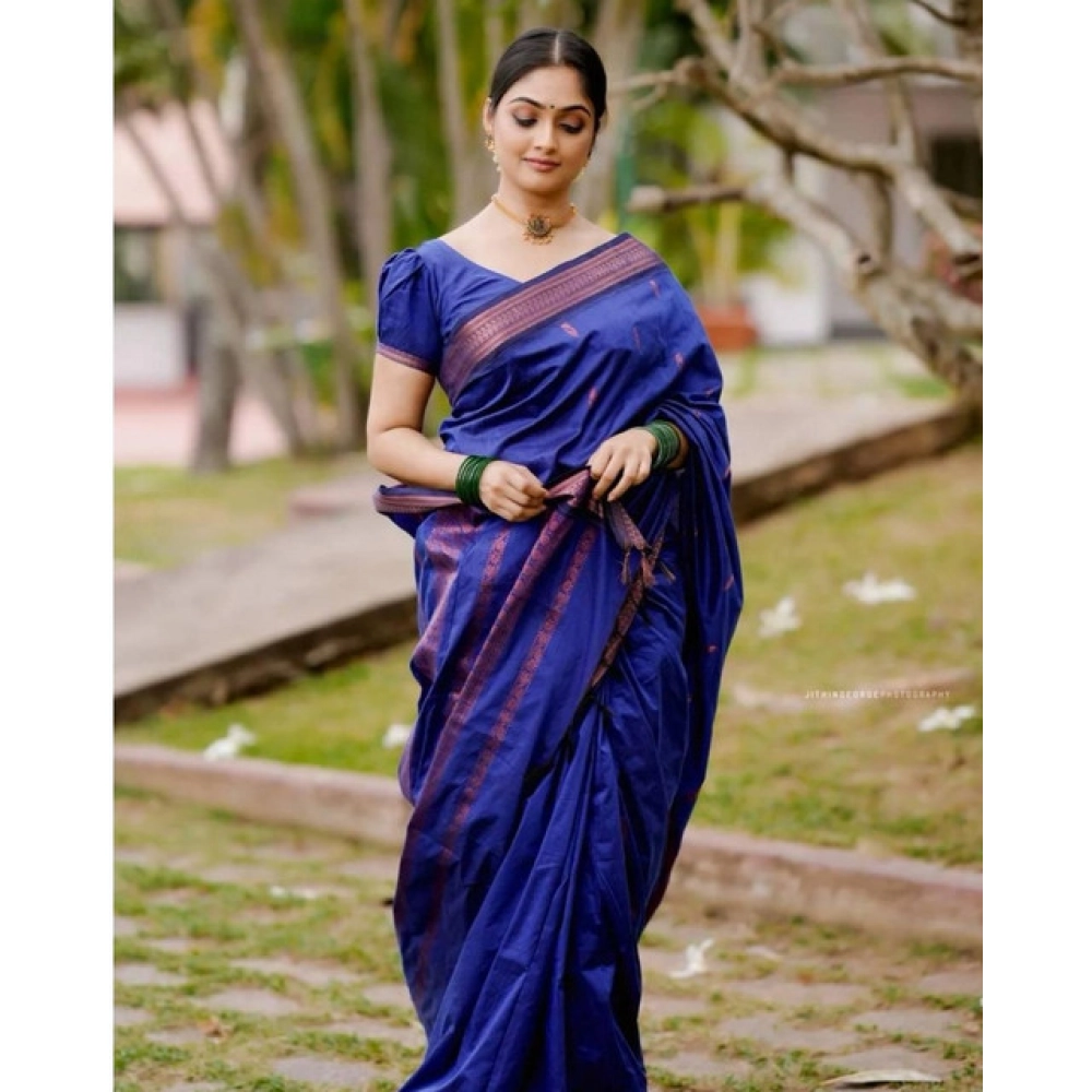Women's Soft Lichi Silk Printed Saree With Unstitched Blouse 5.5Mtr (Blue)