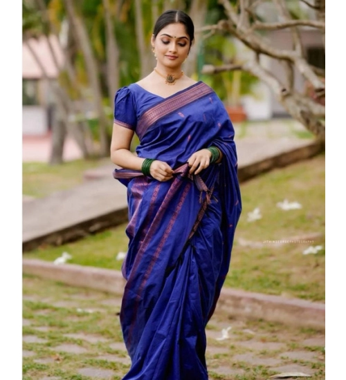 Women's Soft Lichi Silk Printed Saree With Unstitched Blouse 5.5Mtr (Blue)