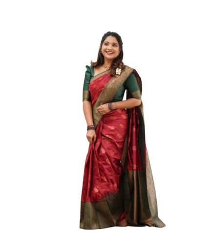 Women's Litchi silk Printed Saree With Unstitched Blouse (Red)