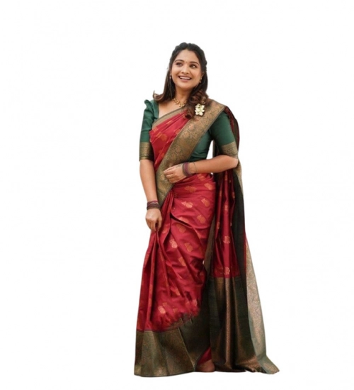 Women's Litchi silk Printed Saree With Unstitched Blouse (Red)