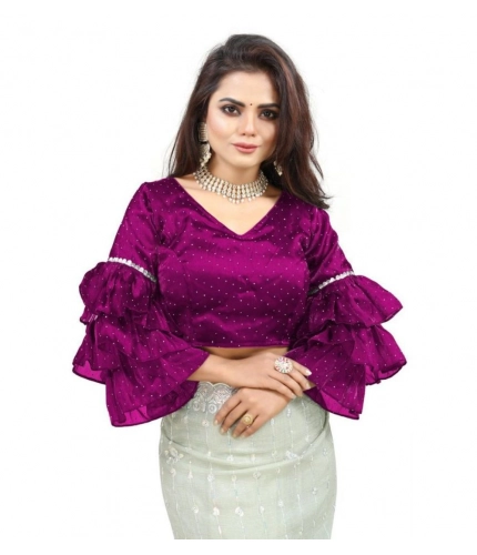 Women's Organza Solid V Neck Layered Ruffle Sleeve Readymade Blouse (Magenta Free Size , up to 38–40 Bust)-PID65853