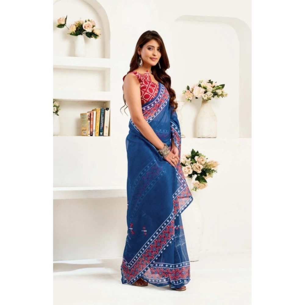 Women's Faux Linen Floral Print Ready to wear Saree With Unstitched Blouse 5.5Mtr (Blue) Women's Faux Linen Floral Print Ready to wear Saree With Unstitched Blouse 5.5Mtr (Blue)